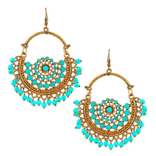 Jeweljunk Blue Beads Antique Gold Plated Afghani Earrings - 1311027I