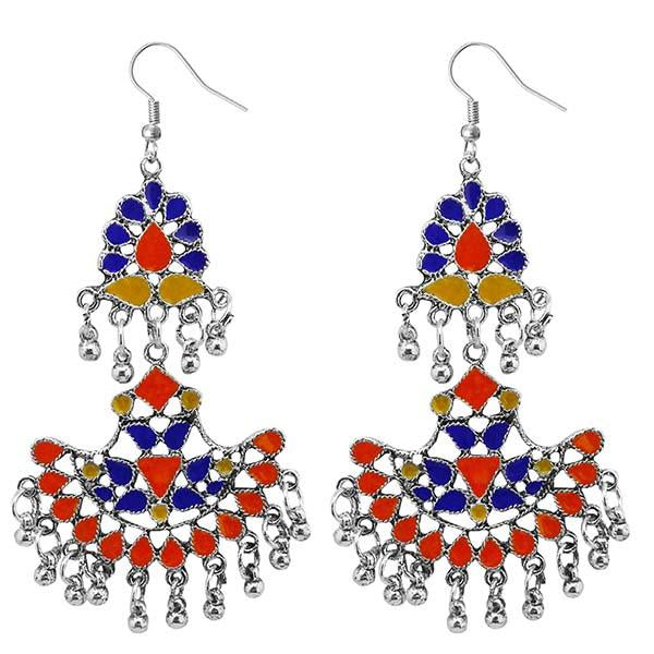 Tip Top Fashions Blue Meenakari Rhodium Plated Afghani Earrings - 1311039P