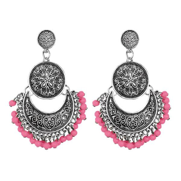 Jeweljunk Silver Plated Pink Beads Afghani Earrings - 1311043E