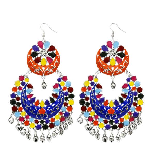 Jeweljunk Multi Meenakari Silver Plated Afghani Earrings - 1311058C