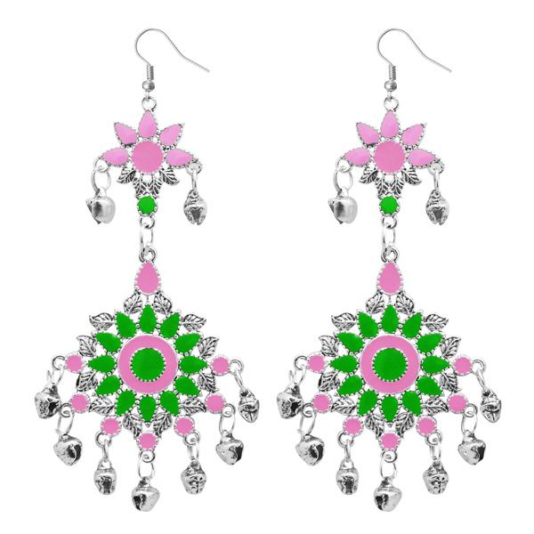 Tip Top Fashions Green Meenakari Silver Plated Afghani Earrings - 1311064C