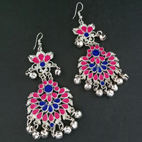 Jeweljunk Pink And Blue Meenakari Afghani Earrings - 1311065N