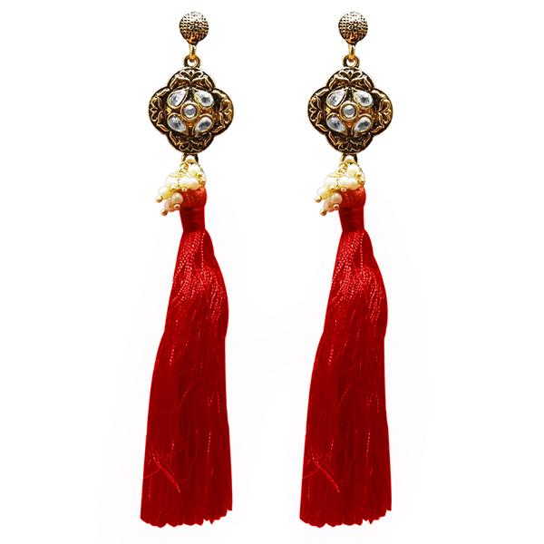 Tip Top Fashions Kundan Pearl Red Thread Gold Plated Earring - 1311414F