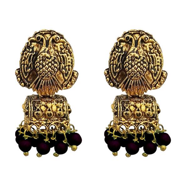 Kriaa Antique Gold Plated Purple Beads Jhumki Earrings - 1311526F