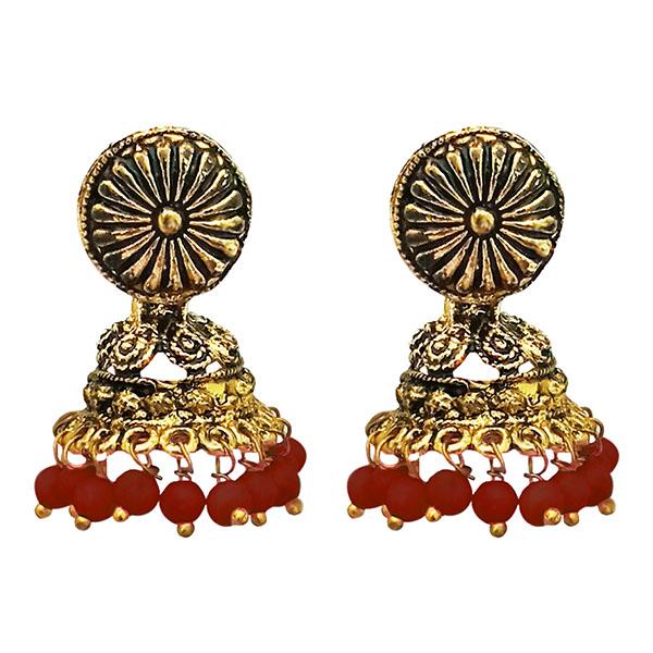 Kriaa Antique Gold Plated Red Beads Jhumki Earrings - 1311527G