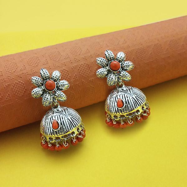 Kriaa Rhodium Plated Orange Beads Jhumki - 1311553E