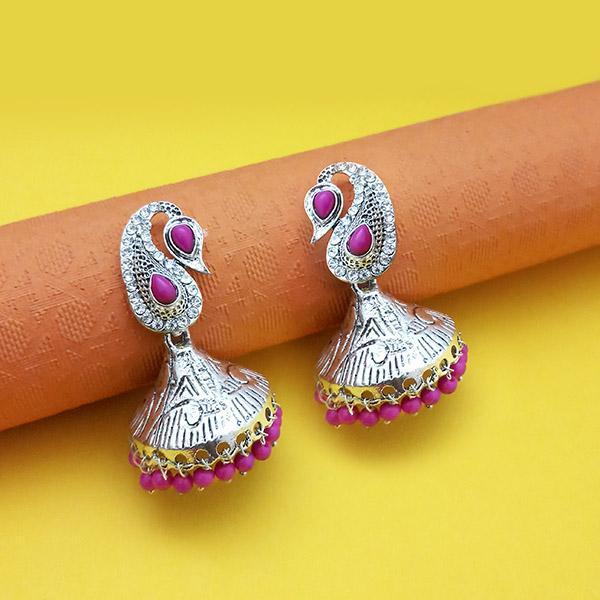 Kriaa Rhodium Plated Pink Beads Jhumki - 1311554D