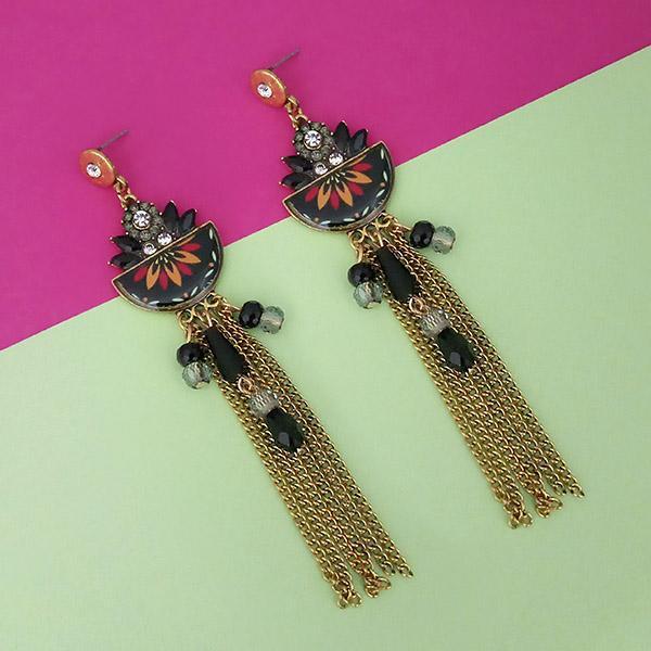 Urthn Black Meenakari Stone Chain Drop Tassel Earrings - 1311825E