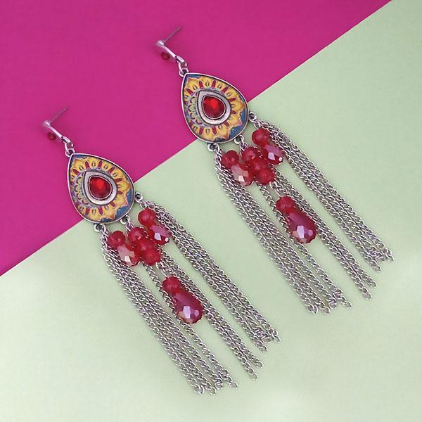 Urthn Maroon Stone Rhodium Plated Chain Drop Tassel Earrings - 1311827B