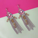 Urthn Rhodium Plated Pink Stone Chain Drop Tassel Earrings - 1311827C