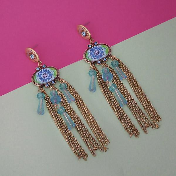 Urthn Gold Plated Blue Stone Chain Drop Tassel Earrings  - 1311829A