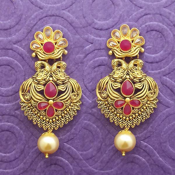 Kriaa Antique Gold Plated Pink Stone Dangler Earrings - 1312035B