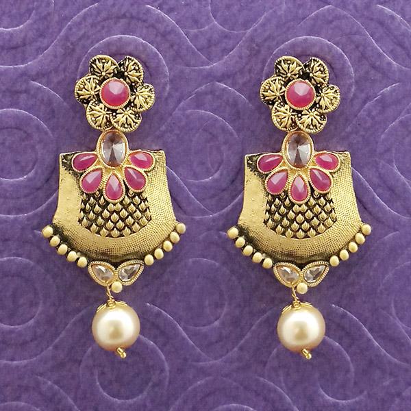 Kriaa Antique Gold Plated Pink Stone Dangler Earrings - 1312037B