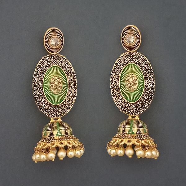 Kriaa Gold Plated Stone And Green Meenakari Matte Dangler Earrings - 1312043E