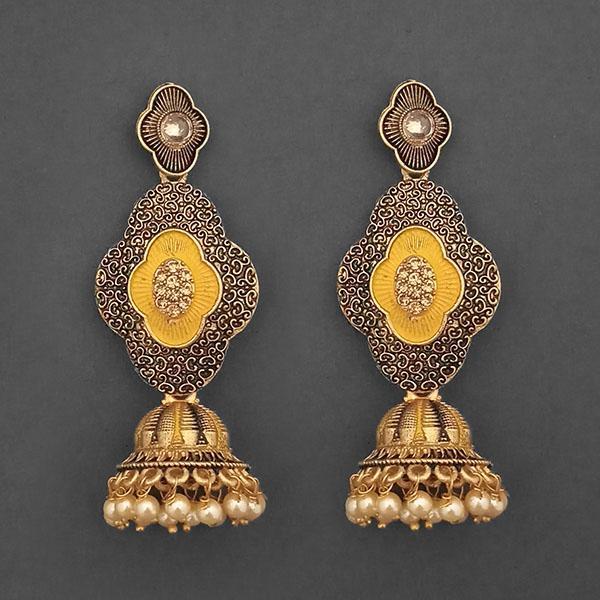 Kriaa Gold Plated Stone And Yellow Meenakari Matte Dangler Earrings - 1312047A