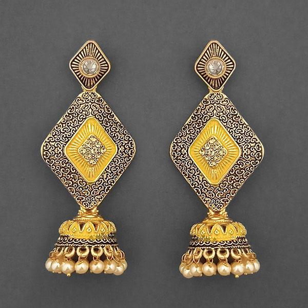 Kriaa Gold Plated Stone And Yellow Meenakari Matte Dangler Earrings - 1312048A