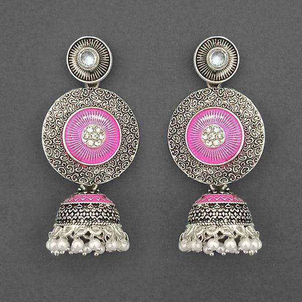 Kriaa Silver Plated Stone And Pink Meenakari Matte Dangler Earrings - 1312050D