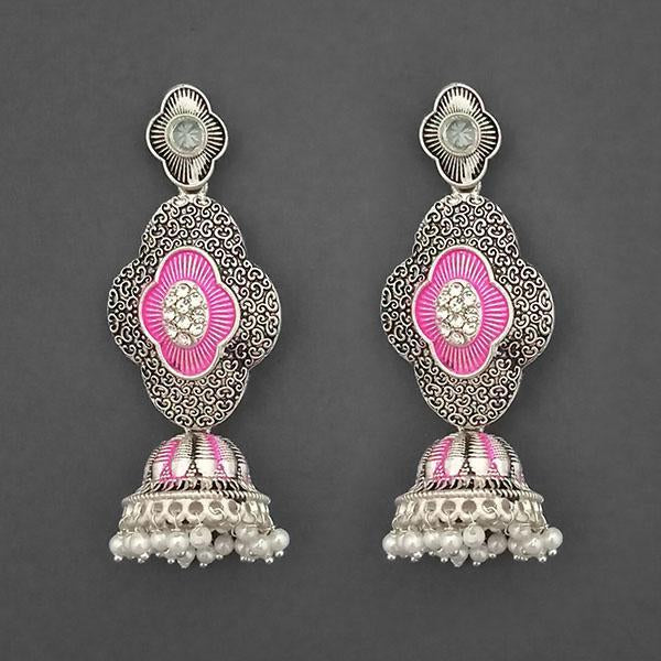 Kriaa Silver Plated Stone And Pink Meenakari Matte Dangler Earrings - 1312053D