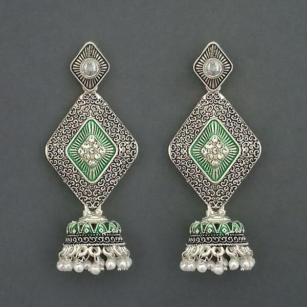 Kriaa Silver Plated Stone And Green Meenakari Matte Dangler Earrings - 1312054E