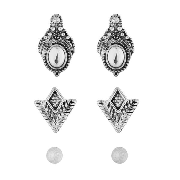 Kriaa White Kundan Rhodium Plated Earrings Set - 1312105A