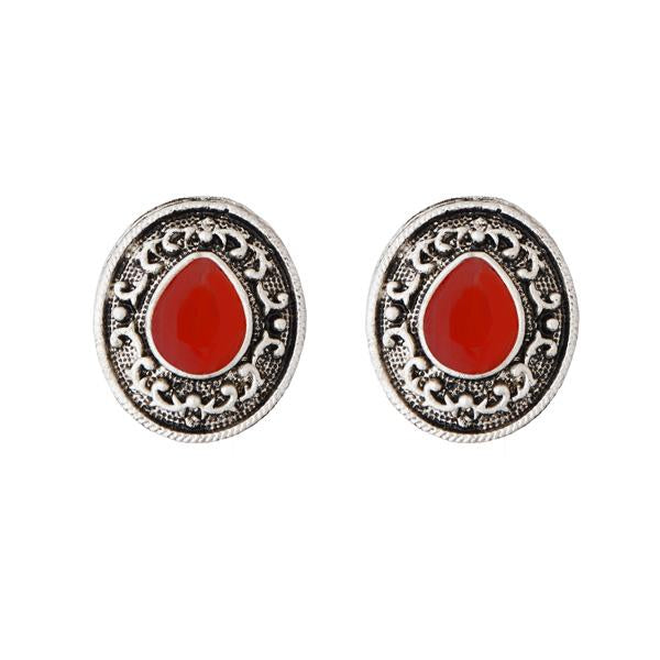 Kriaa Rhodium Plated Maroon Opaque Stone Stud Earrings - 1312202C