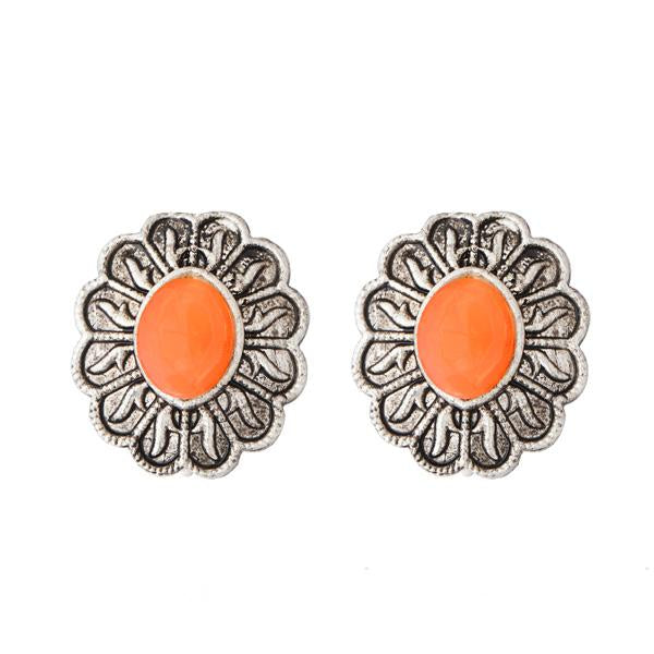 Kriaa Orange Opaque Stone Rhodium Plated Stud Earrings - 1312203D