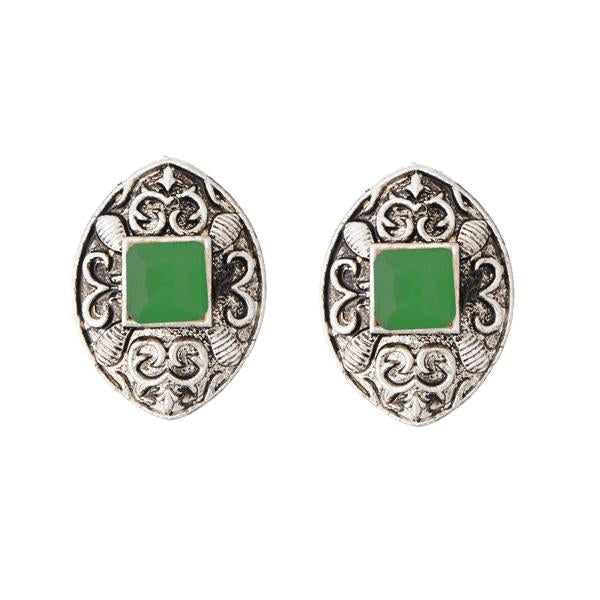 Kriaa Green Opaque Stone Rhodium Plated Stud Earrings - 1312204B