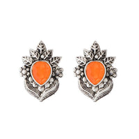 Kriaa Orange Opaque Stone Rhodium Plated Stud Earrings - 1312205D