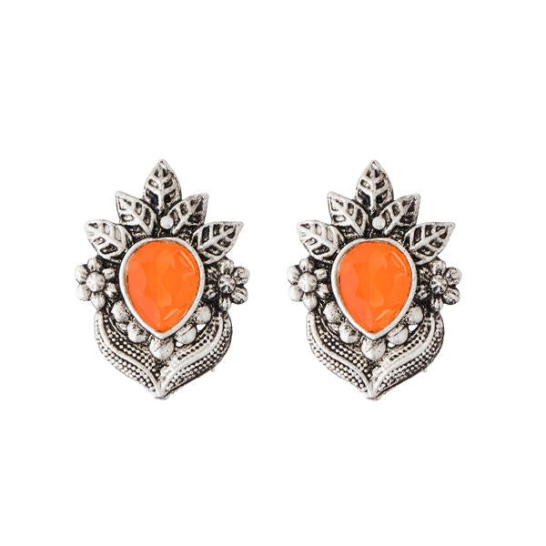Kriaa Orange Opaque Stone Rhodium Plated Stud Earrings - 1312205D