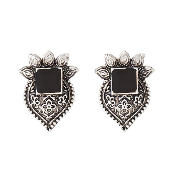 Kriaa Rhodium Plated Black Opaque Stone Stud Earrings - 1312206A