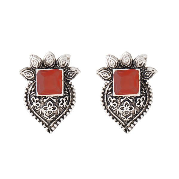 Kriaa Rhodium Plated Maroon Opaque Stone Stud Earrings - 1312206C