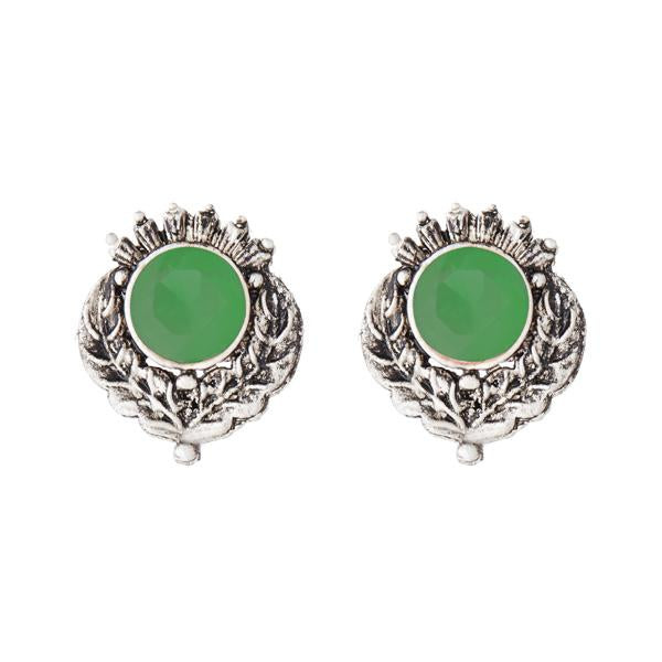 Kriaa Rhodium Plated Green Opaque Stone Stud Earrings - 1312208B