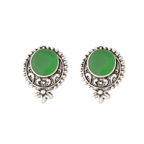 Kriaa Rhodium Plated Green Opaque Stone Stud Earrings - 1312209B
