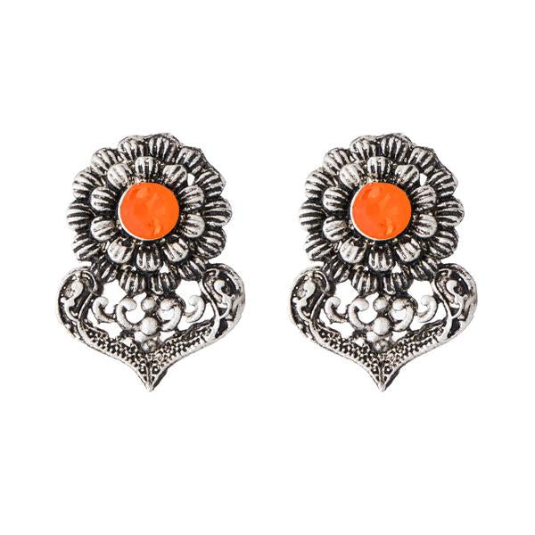 Kriaa Rhodium Plated Orange Opaque Stone Stud Earrings - 1312210D