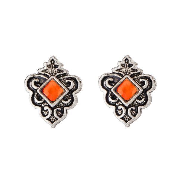 Kriaa Orange Opaque Stone Rhodium Plated Stud Earrings - 1312211D