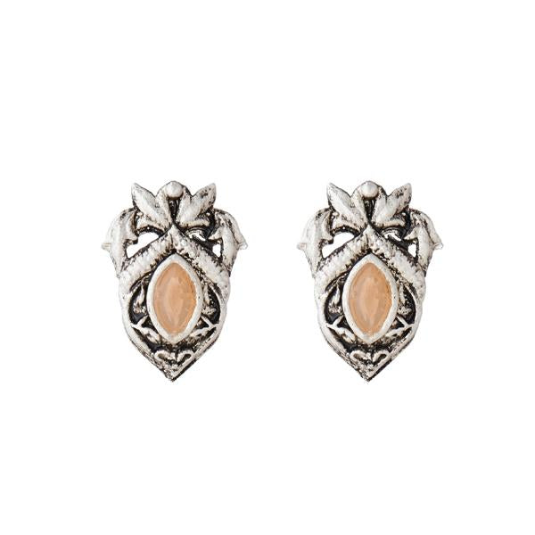 Kriaa Peach Opaque Stone Rhodium Plated Stud Earrings - 1312212F