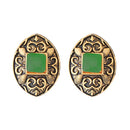 Kriaa Green Opaque Stone Antique Gold Stud Earrings - 1312213B