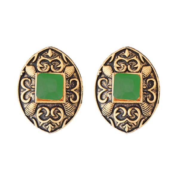 Kriaa Green Opaque Stone Antique Gold Stud Earrings - 1312213B