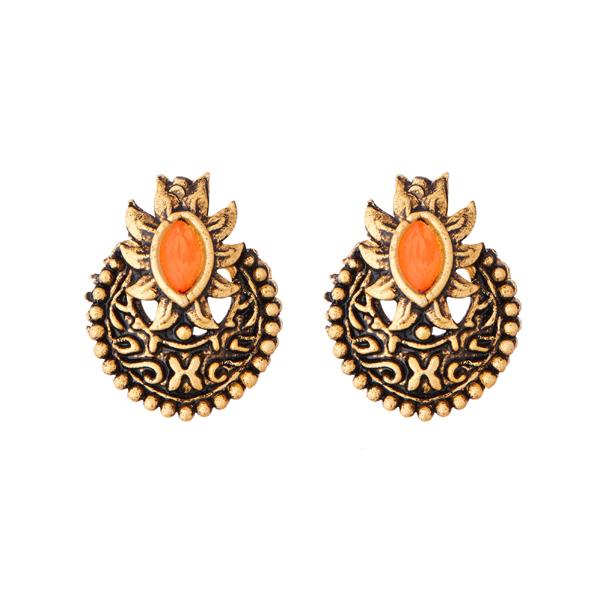 Kriaa Antique Gold Plated Orange Opaque Stone Stud Earrings - 1312219F