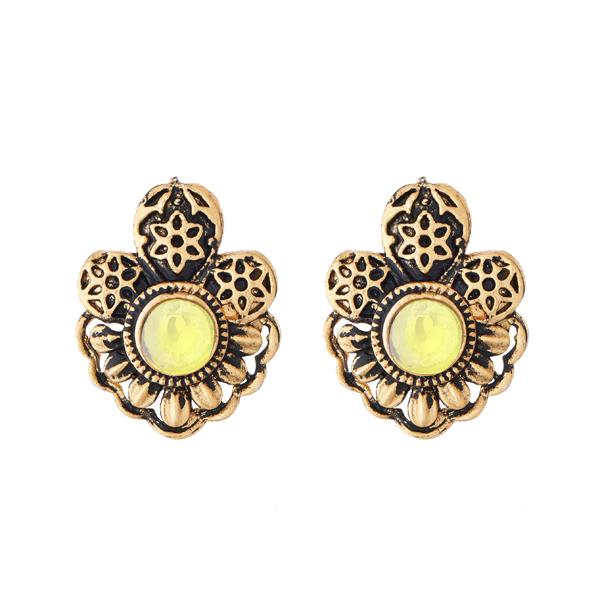 Kriaa Yellow Opaque Stone Antique Gold Plated Stud Earrings - 1312220E