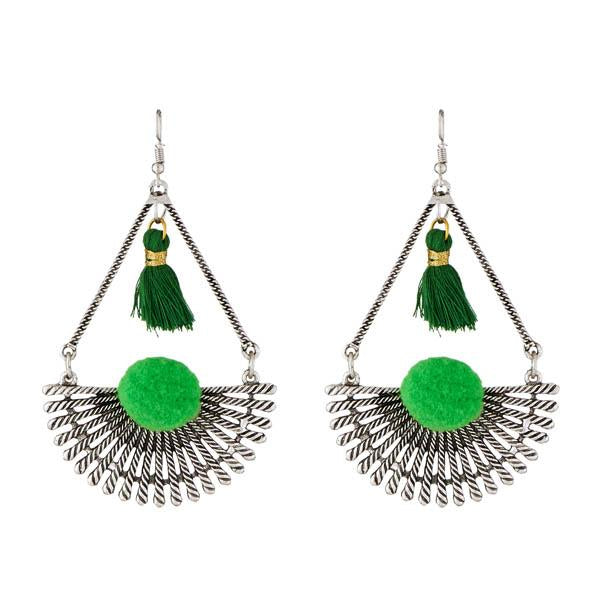 Tip Top Fashions Green Thread Rhodium Plated Earrings - 1312304B