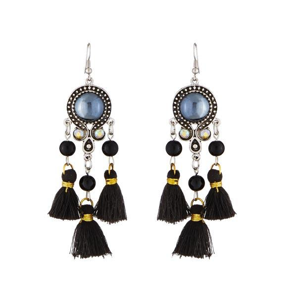 Tip Top Fashions Black Beads Rhodium Plated Thread Earrings - 1312307A