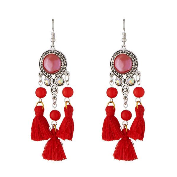 Jeweljunk Maroon Beads Rhodium Plated Thread Earrings - 1312307C