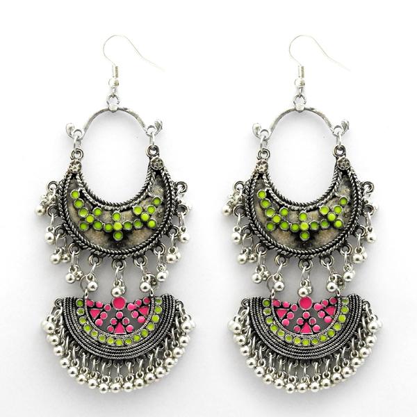 Jeweljunk Pink Meenakari Rhodium Plated Afghani Earrings - 1312412B