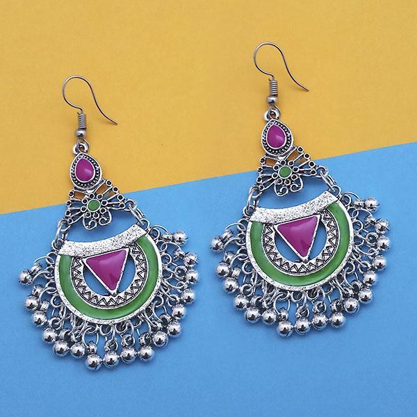 Tip Top Fashions Green And Pink Silver Plated Meenakari Afghani Earrings - 1312438C