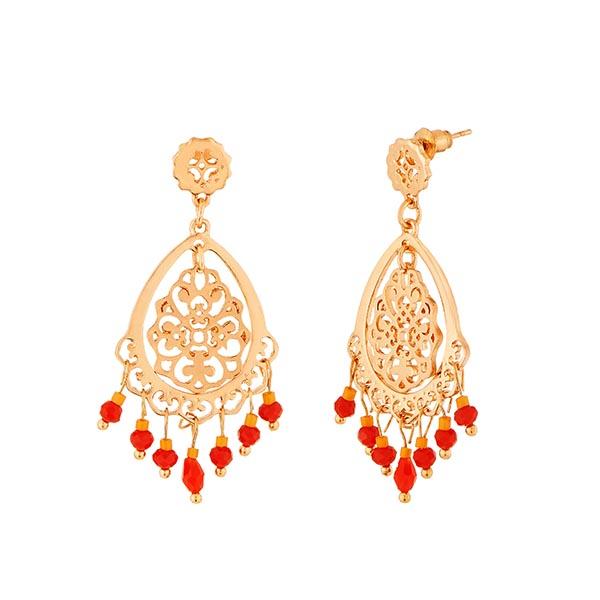 Urthn Red Beads Gold Plated Dangler Earrings - 1312514A