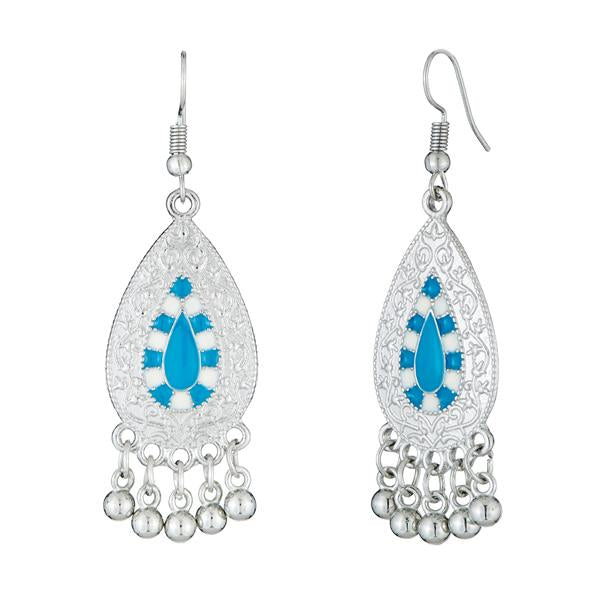 Tip Top Fashions Blue Meenakari Rhodium Plated Afghani Earrings - 1312528B