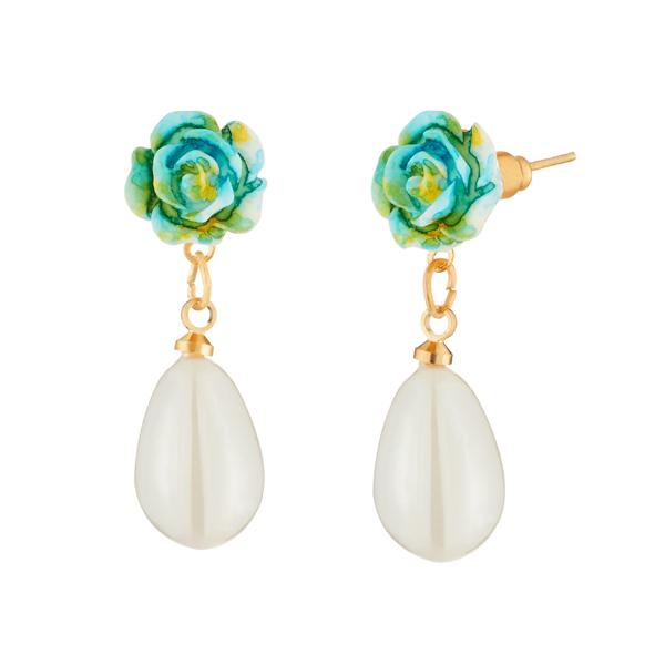 Kriaa Gold Plated Green Rose Pearl White Dangler Earrings - 1312801B