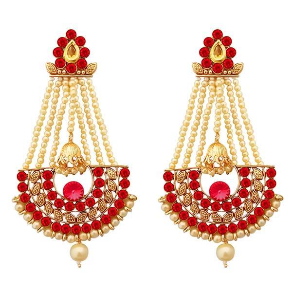 Kriaa Red Austrian Stone Gold Plated Pearl Dangler Earrings - 1312948A