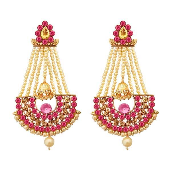 Kriaa Gold Plated Pink Austrian Stone Pearl Dangler Earrings - 1312948C